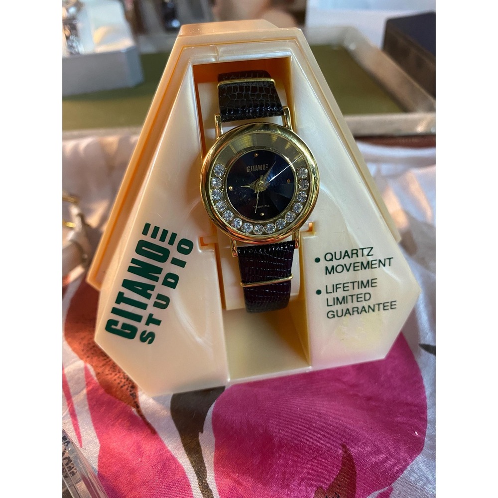 Vintage Gitano Ladies Quartz black Wrist Watch‎ original box nos